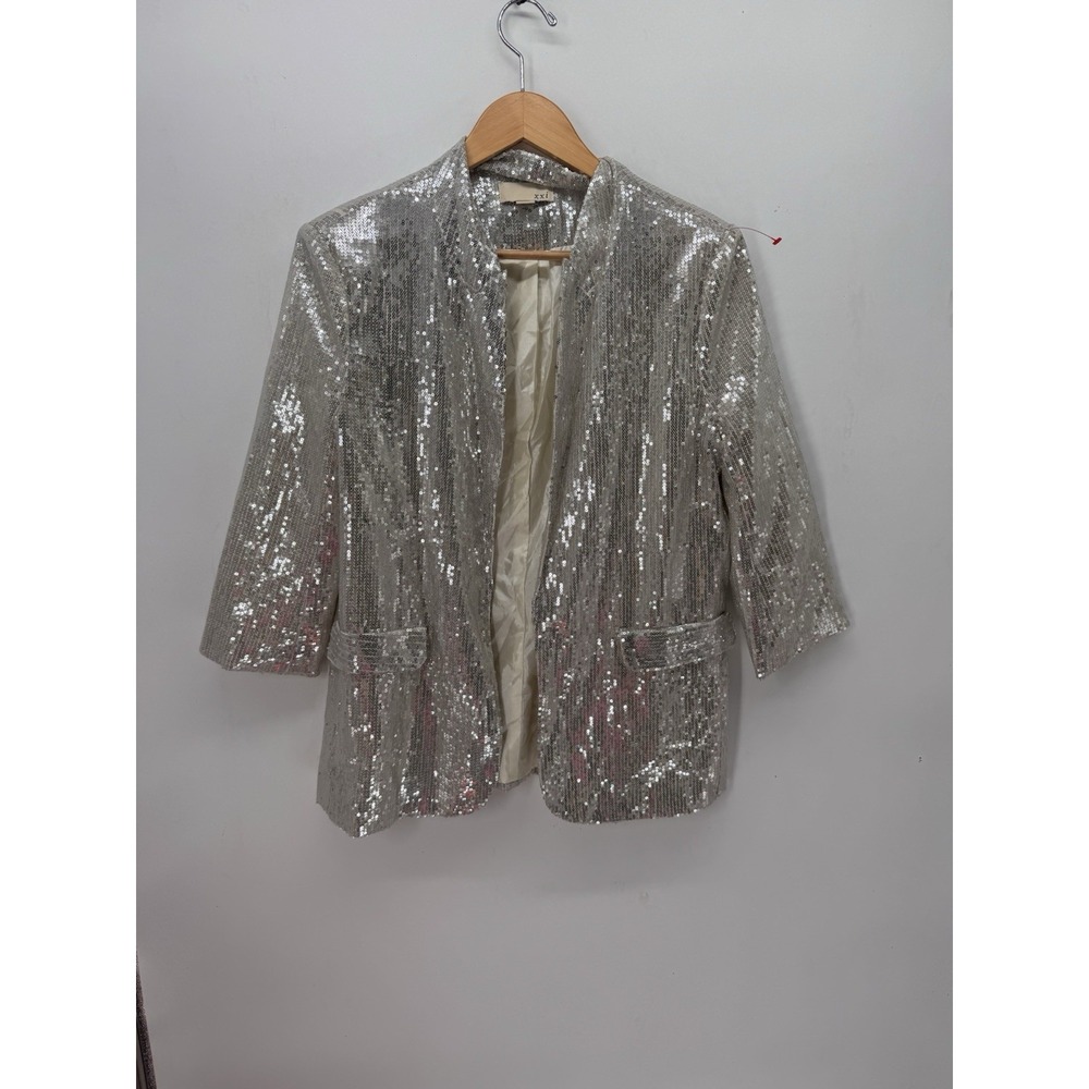 XXI Silver Sequin Blazer Womens L Sparkle Holiday New Years NYE Party Disco Glam